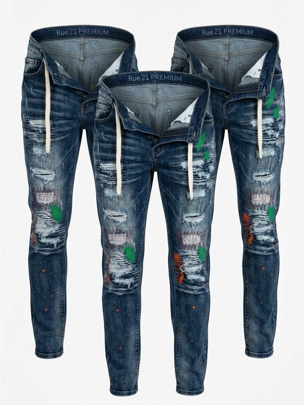 Rue21 Premium Men’s Distressed Slim Fit Jeans - Dark Blue with Paint Splatters